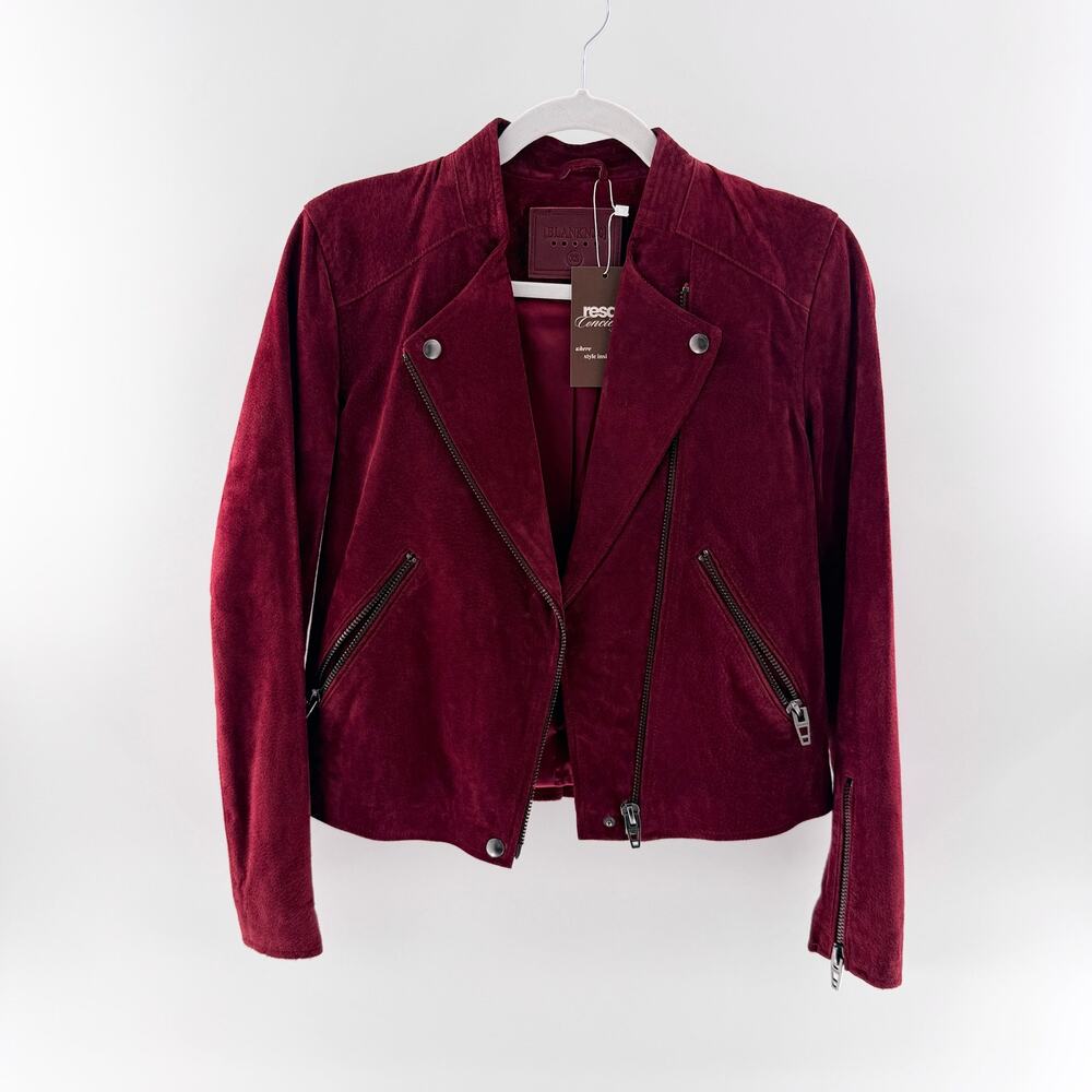 Blank NYC 100% Leather Suede Long Sleeve Full Zip Moto Jacket Dark Red Womens XS